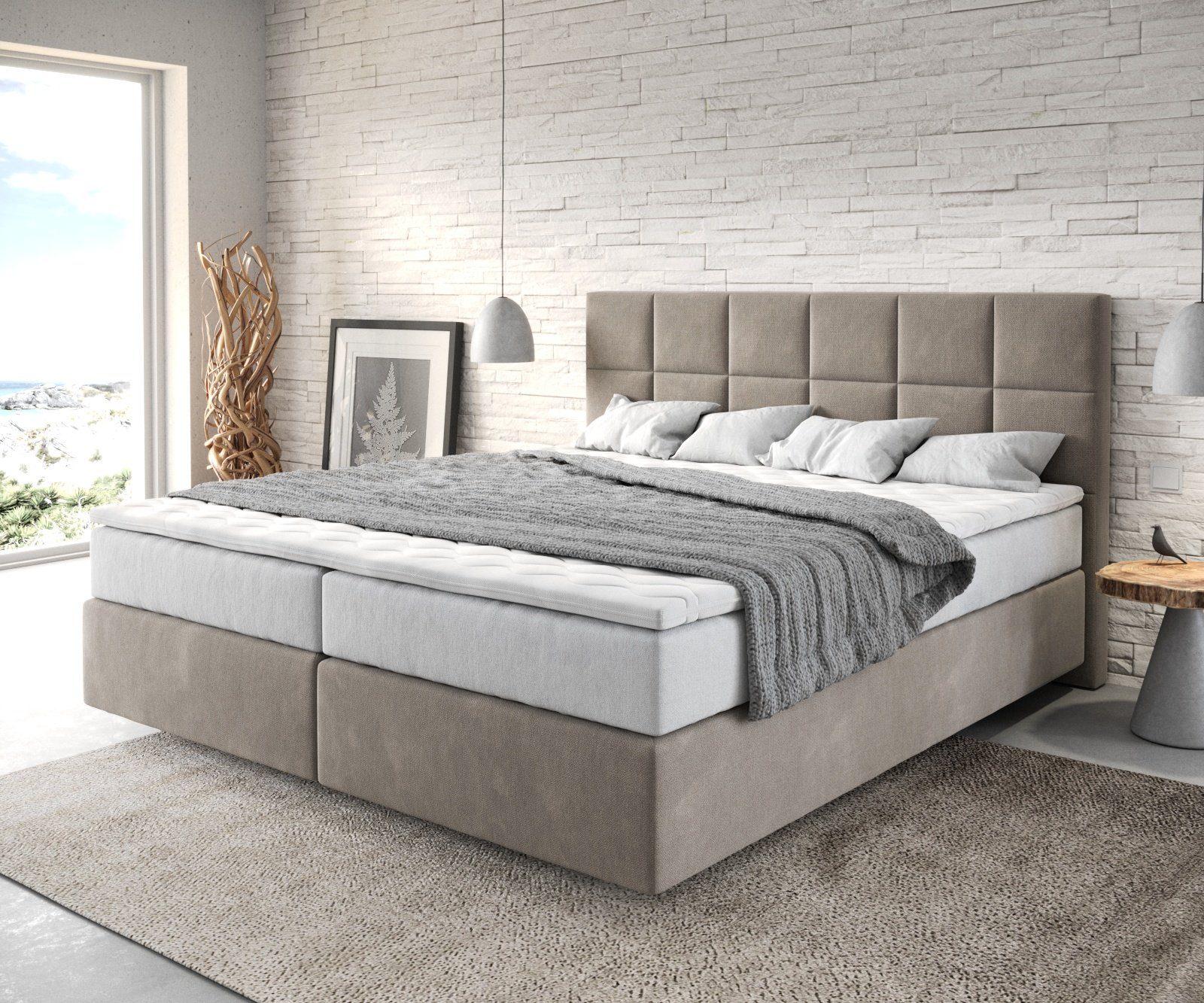 DELIFE Boxspringbett Dream-Fine, Mikrofaser Beige 180x200 cm mit TFK Matratze und Visco Topper