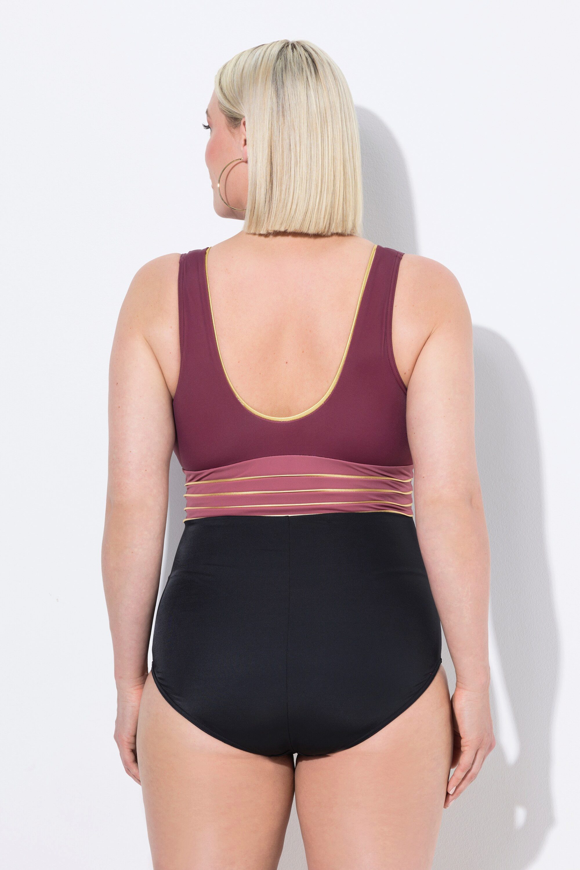 Ulla Popken Badeanzug Badeanzug Gold-Piping Softcups V-Ausschnitt