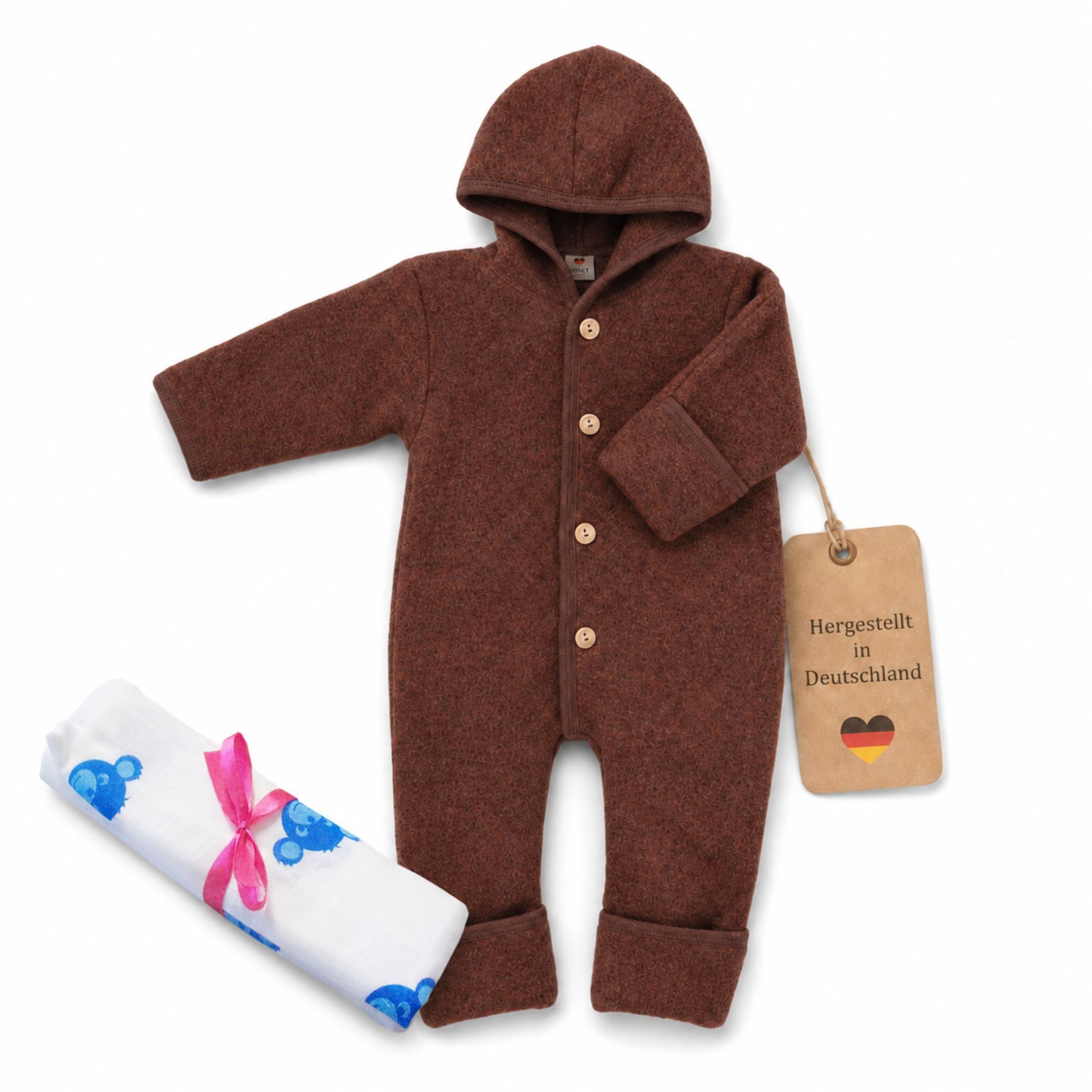 Kinderhaus Blaubaer Schlafoverall Baby-Overall mit Kapuze, Holzknöpfen & Mulltuch Blaubaer