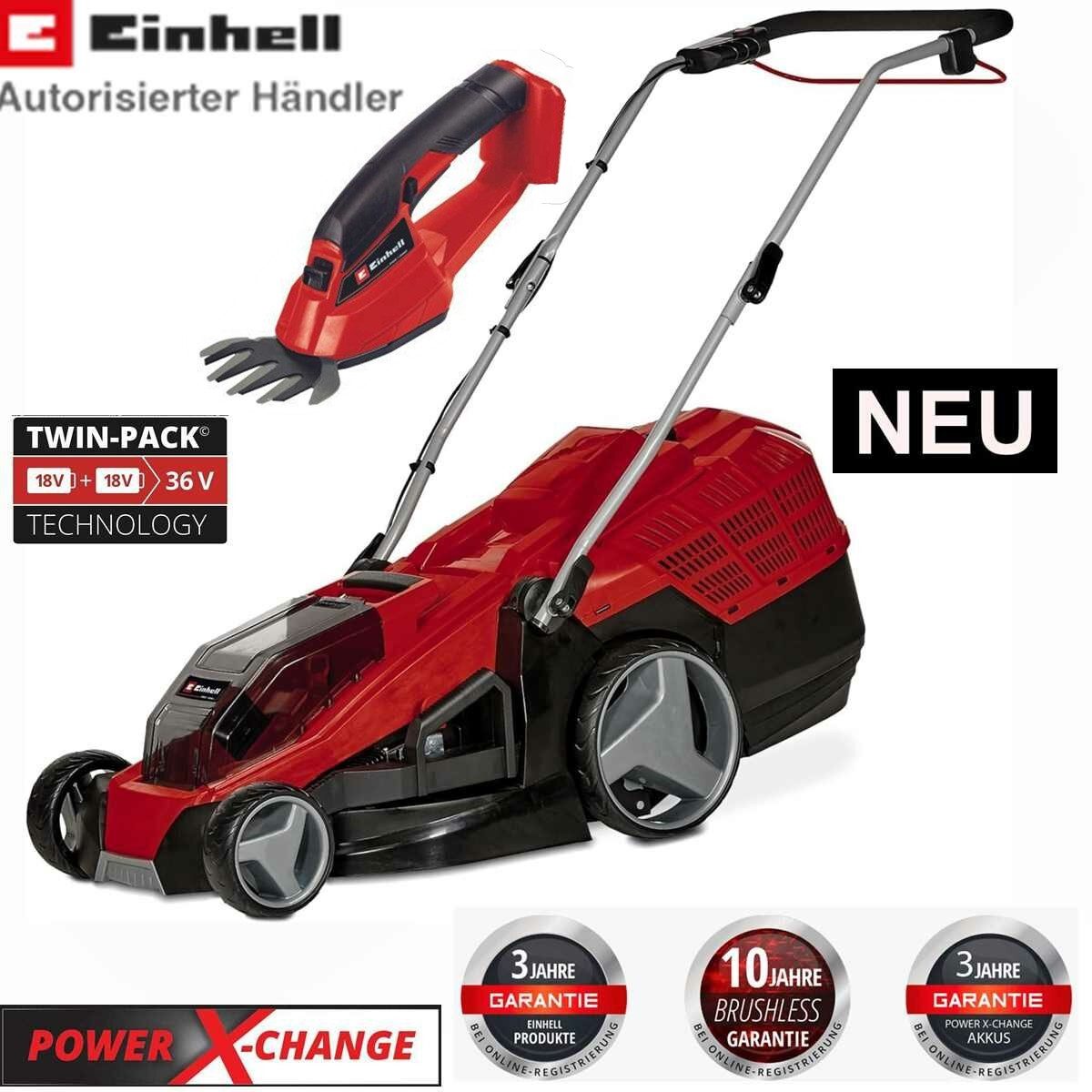 Einhell Akkurasenmäher Rasenmäher GE-CM 36/43 Li M 36V (2x18V) + Grasschere ohne Akku