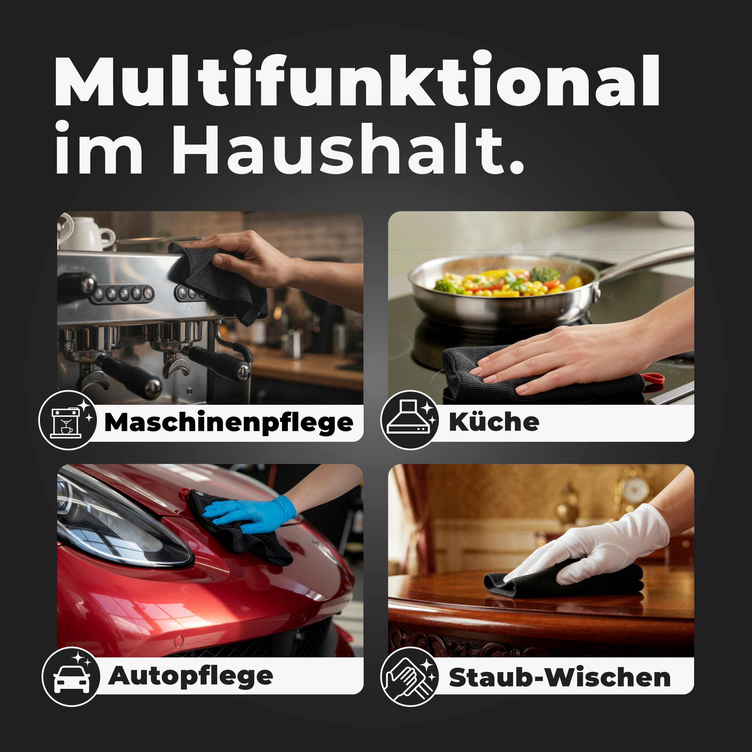 CLENESSO Reinigungstuch (4 Stück (je 2 Stück in Grau und Antrazit), Hochwertige Mikrofaser Geschirrtücher für Siebträger & Haushalt) – Bild 5 von 5