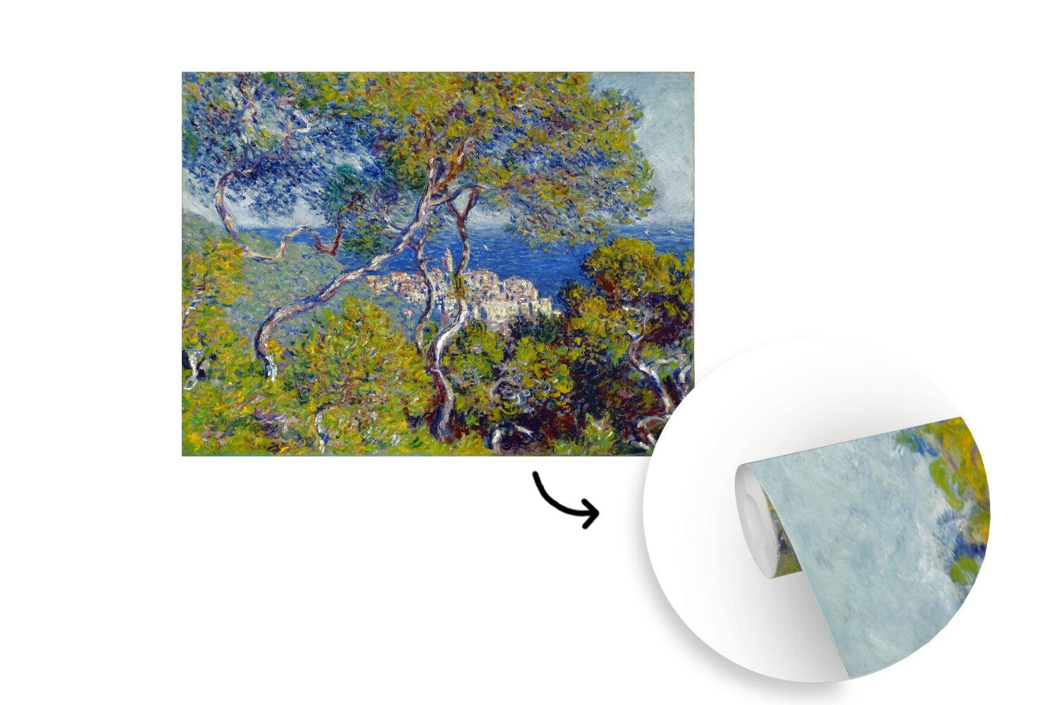von für MuchoWow Fototapete - Wandtapete Vinyl Claude Monet, (5 Gemälde Montagefertig bedruckt, Tapete St), Wohnzimmer, Bordighera Matt,