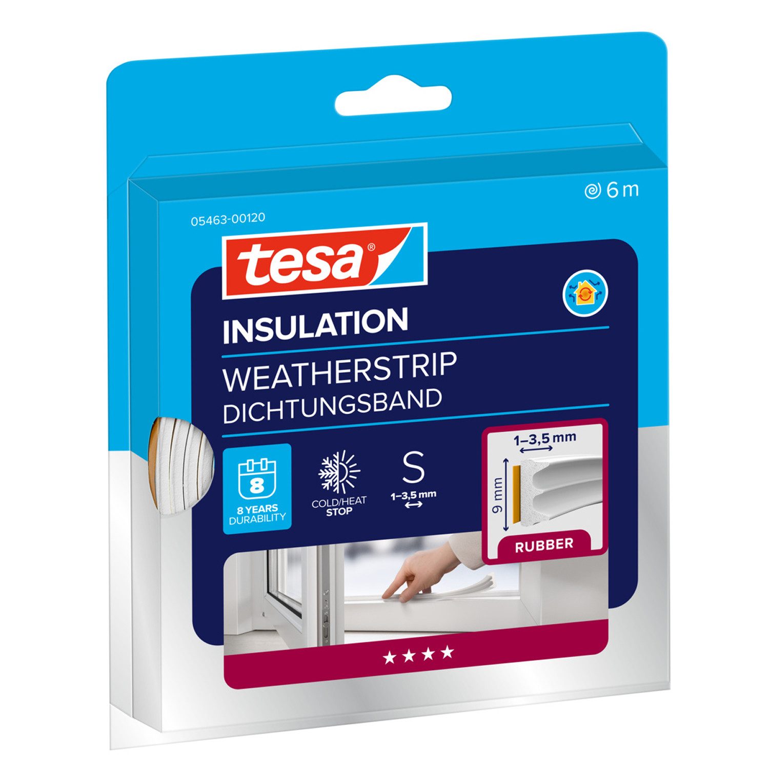 tesa Dichtungsband INSULATION Dichtungsband S -Selbstklebende Gummidichtung, (Packung, 1-St., Dichtungsband S weiß - 6 m x 9 mm x 4 mm), zum Isolieren von Spalten an Fenstern und Türen