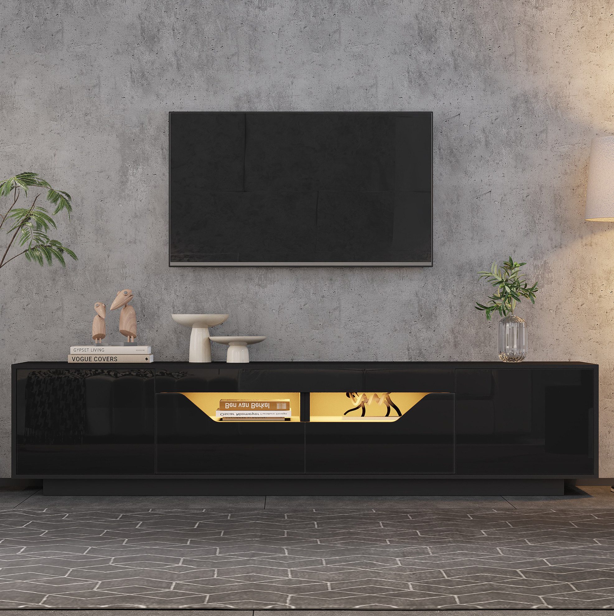 REDOM TV-Schrank Design-Lowboard – Hochglanz, LED & Push-to-Open (Packung, 1-St., Schwarz, 180×40×45 cm, für moderne Räume) 2 Schubladen, 2 Schränke, elegante Optik