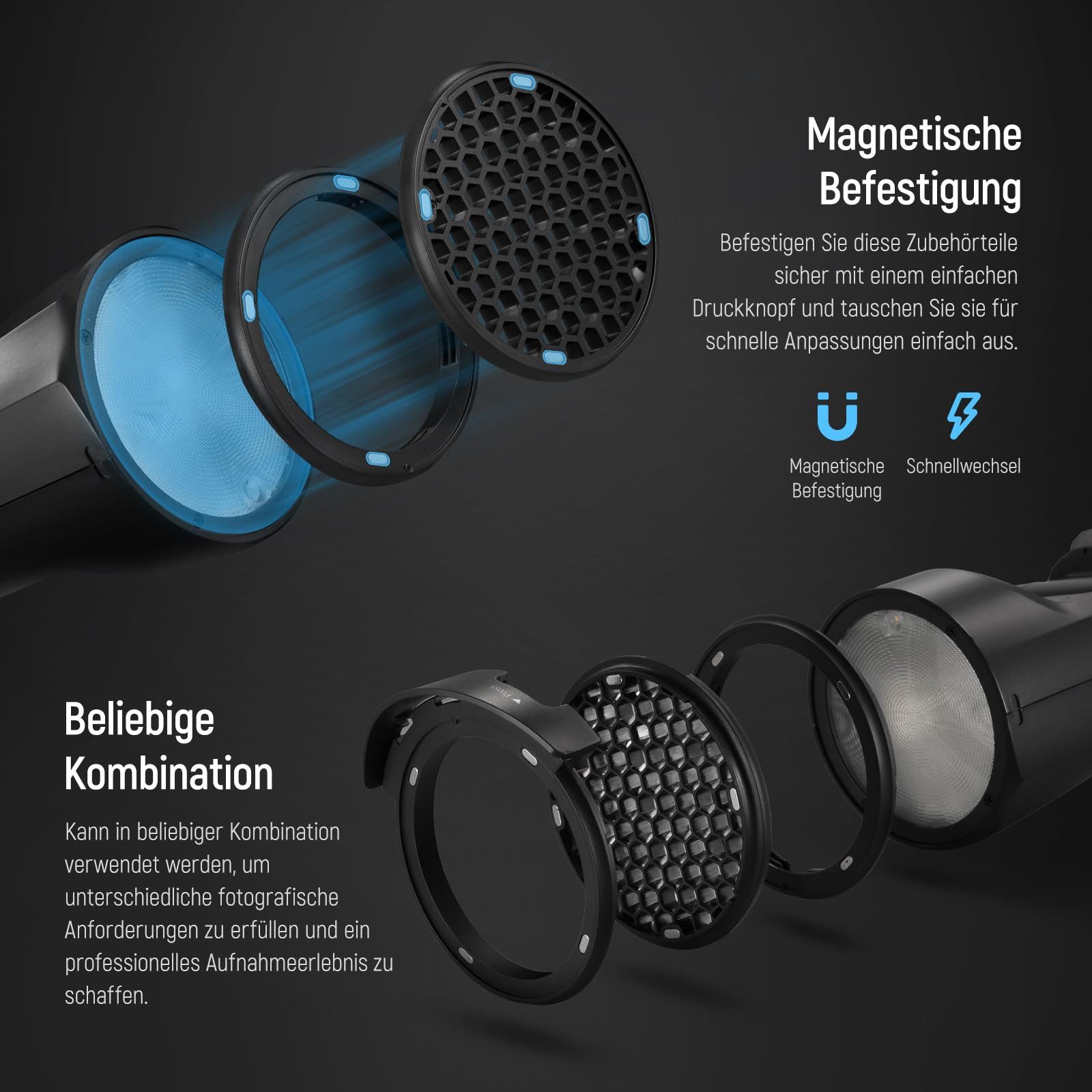 Neewer Kamerazubehör-Set CRM2 Magnetisches Zubehörset, mit 14 teiligem Blitzlichtsteuerungs, (Packung), Modifikator Diffusor Adapter, für Rundkopfblitz Godox V1 Speedlites Z1