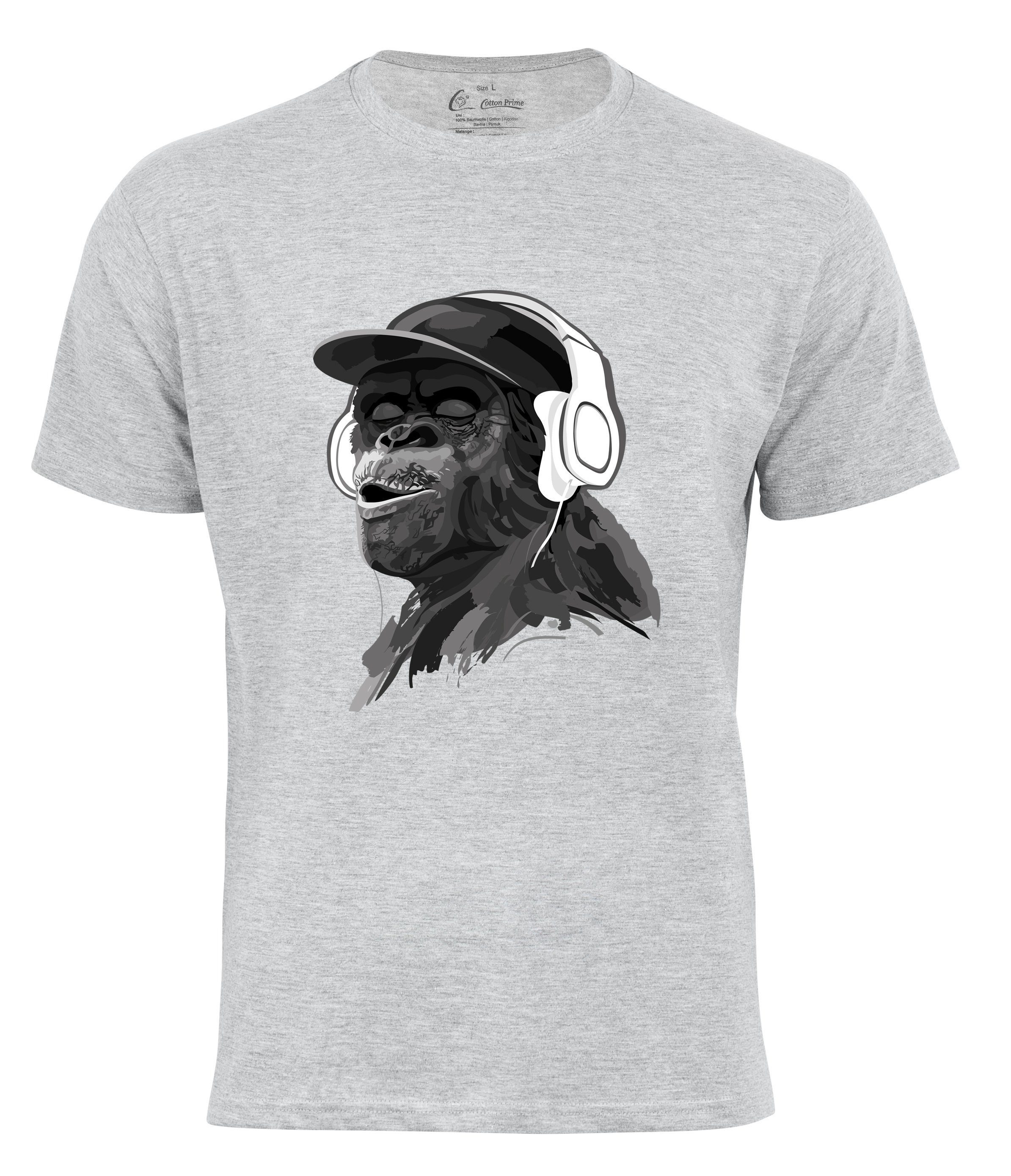 Cotton Prime® T-Shirt mit Affenmotiv - Monkey mit DJ-Kopfhörer grau
