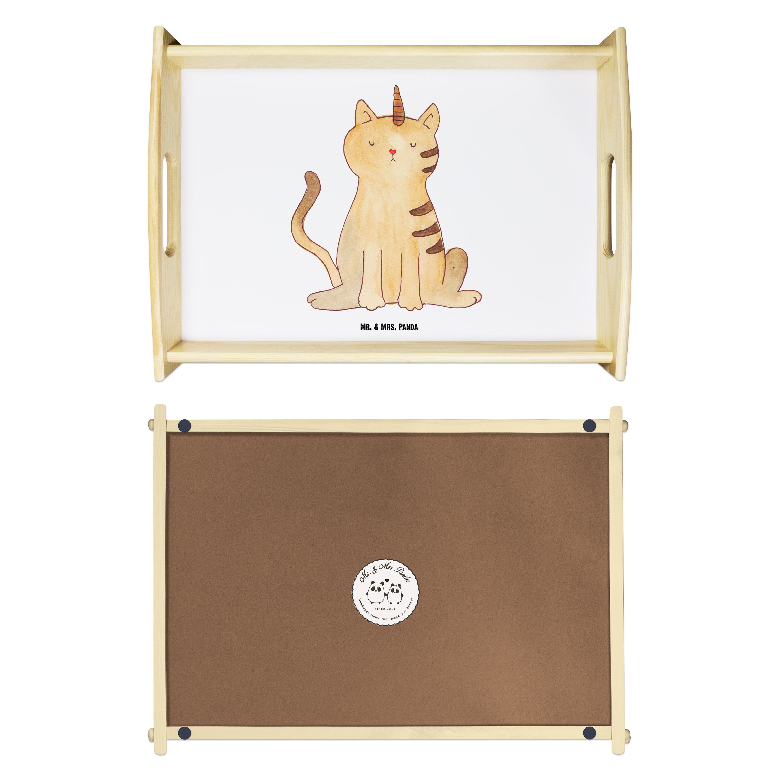 Mr. & Mrs. Echtholz Katze Pegasus, Weiß - (1-tlg) Geschenk, Einhörn, Tablett Einhorn Kittyhorn, Unicorn, lasiert, Panda 