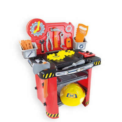 Mochtoys Spielwerkzeug Kinderwerkbank 10856, mit Kinderwerkzeug, Kinderhelm, Säge, Hammer