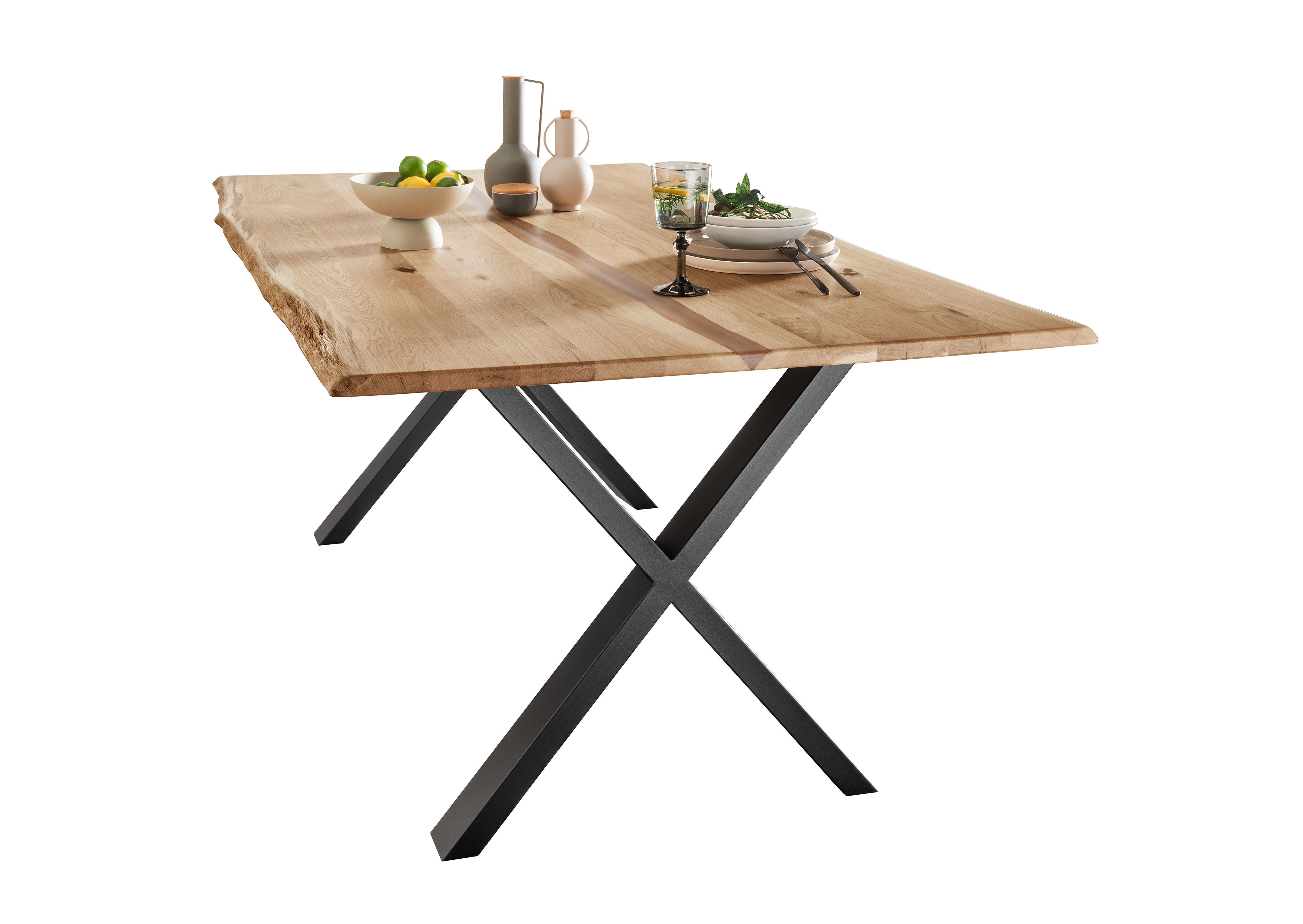 Woodroom Esstisch Gizeh (X-Gestell 180 × 100 cm), Wildeiche massiv geölt, Baumkante mit Epoxidharz
