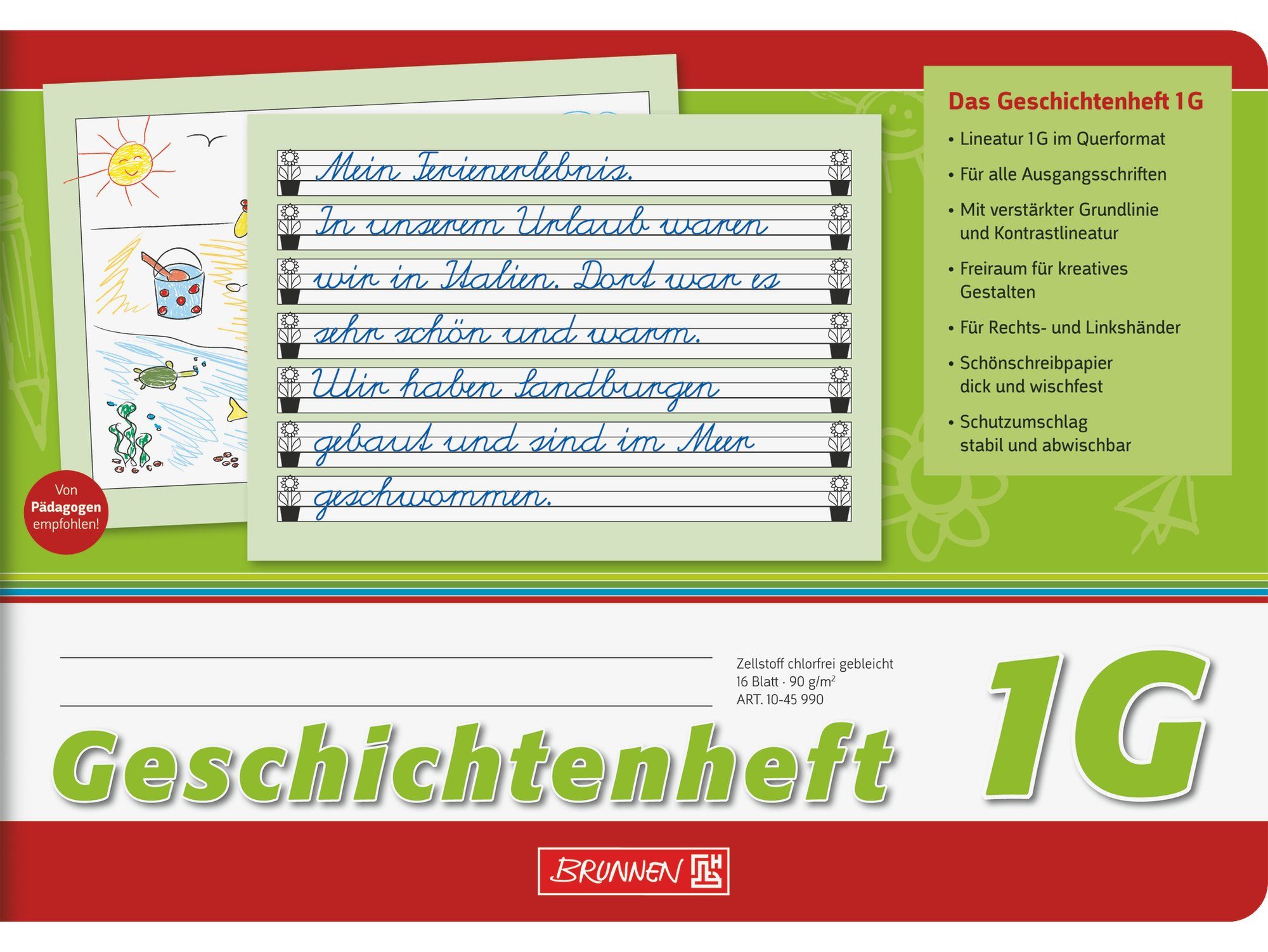 Baier & Schneider Schulheft Geschichtenheft A5 quer Lineatur 1G 16 Blatt grün, abwischbar