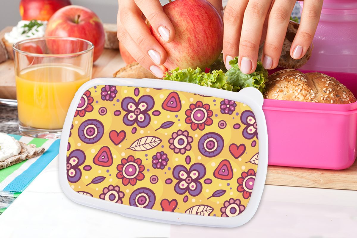 MuchoWow Lunchbox Muster - - Mädchen, Kunststoff, Kinder, rosa für Orange, Lila Snackbox, - Kunststoff Blumen (2-tlg), Brotdose Erwachsene, Brotbox