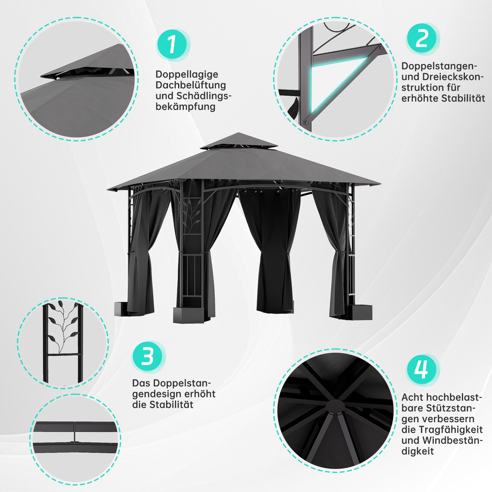 HOMALL Pavillon 300x300 Gartenpavillon mit Blumenkästen & Seitenteilen, UV-Schutz 50+, mit 4 Seitenteilen, (Wasserdicht und UV-Schutz 50+, Tragetasche mit Rollen, höhenverstellbar), Winterfest und wasserdicht gartenzelt, Stabiler Eisenrahmen