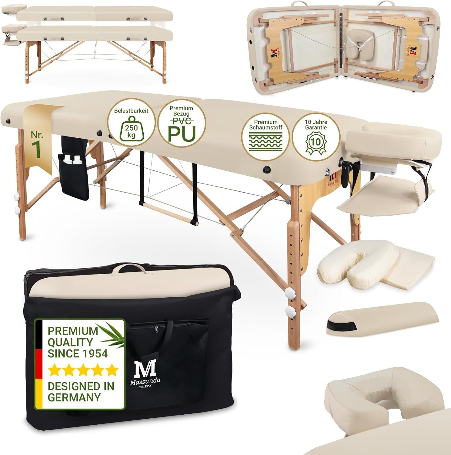 Massunda Massageliege Massageliege Massunda Comfort Deluxe (Massagetisch mit ergonomischer Kopfstütze, Bezug, Armlehne, Kissen, 1-St), Klappbar, Höhenverstellbar, Extra Breit