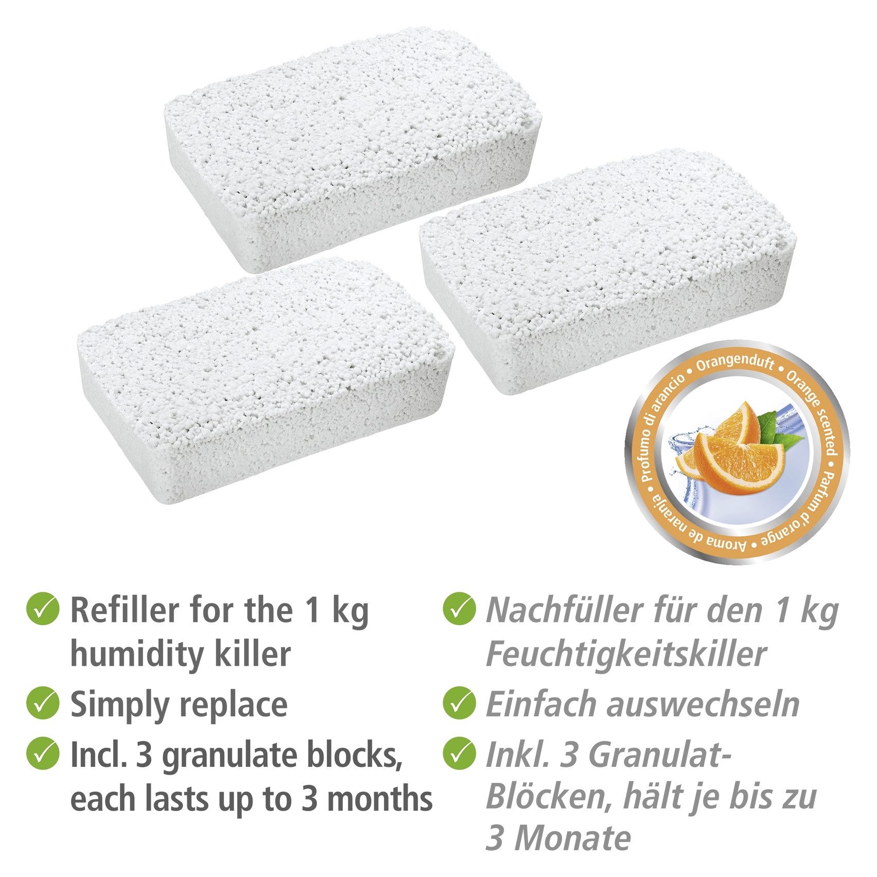 WENKO Raumentfeuchter-Nachfüllpack Orangenduft, für Luftentfeuchter Feuchtigkeitskiller 1 kg, Orange, Packung, 3-er Set Nachfüllpack für Raumentfeuchter, geräuschlos, ohne Strom