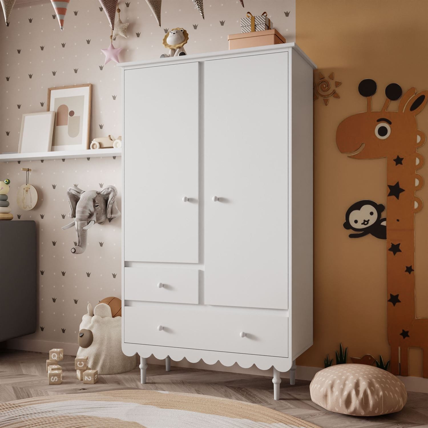 Lookway Kinderkleiderschrank BABUSHKA Zweitüriger Kleiderschrank mit Schubladen (1x Schrank)