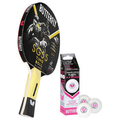 Butterfly Tischtennisschläger 1x Timo Boll SG55 + Bälle, Tischtennis Schläger Set Tischtennisset Table Tennis Bat Racket