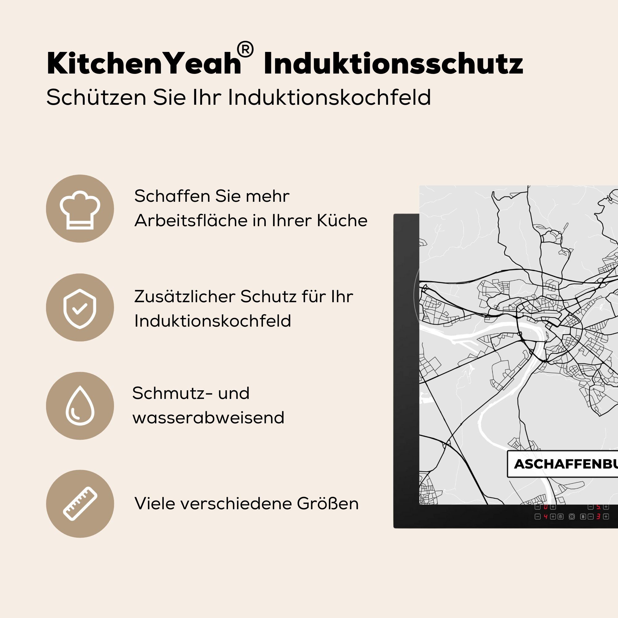 - Ceranfeldabdeckung, Arbeitsplatte (1 tlg), MuchoWow Herdblende-/Abdeckplatte cm, 78x78 - Stadtplan für Deutschland - - Vinyl, Karte Afschaffenburg küche Karte,