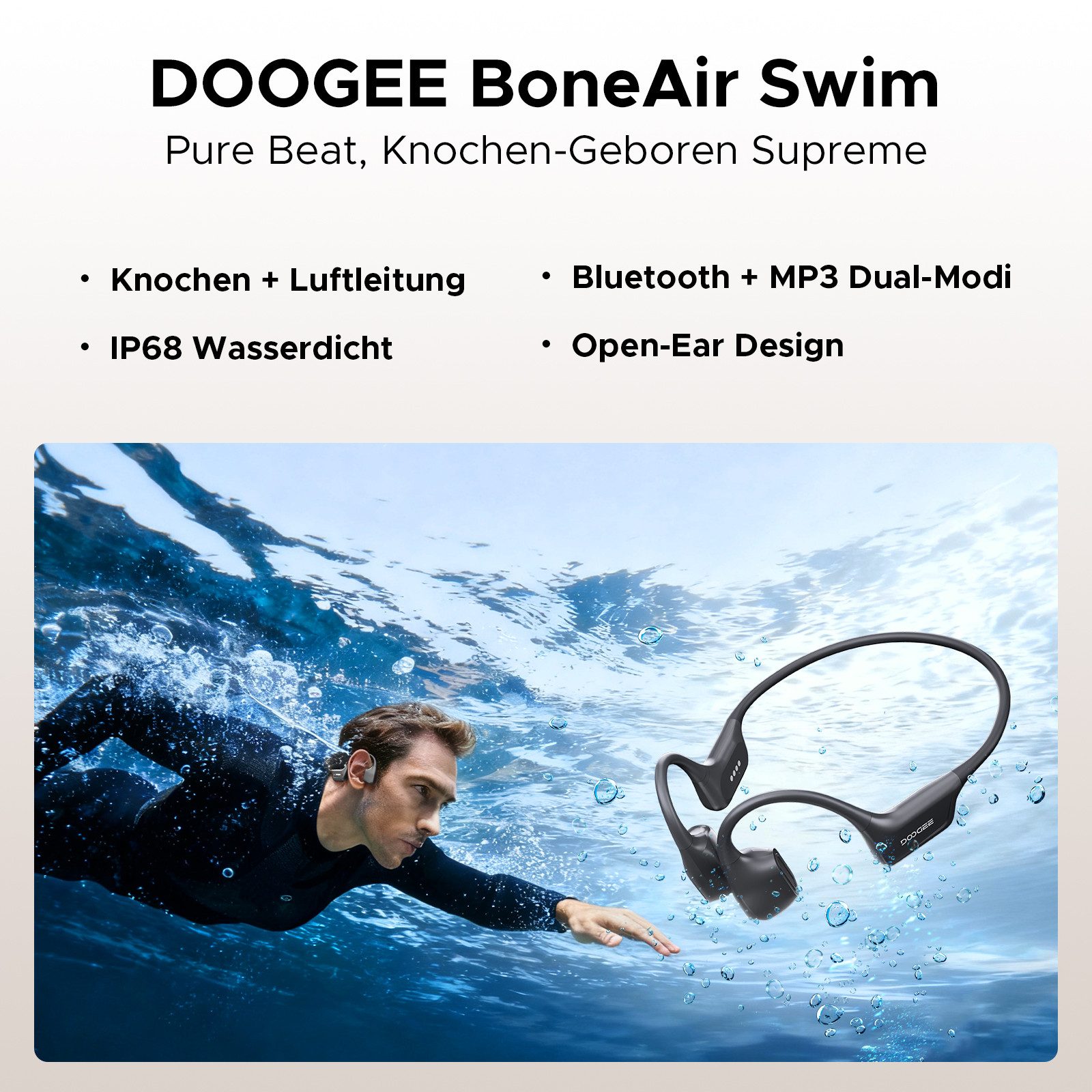 DOOGEE Knochenleitungskopfhörer IP68 Waterproof Swimming Headphones, 64GB MP3 Bluetooth-Kopfhörer (Bluetooth, Bluetooth 5.4, 10H Akku, Open Ear, Sport für Schwimmen & Laufen)