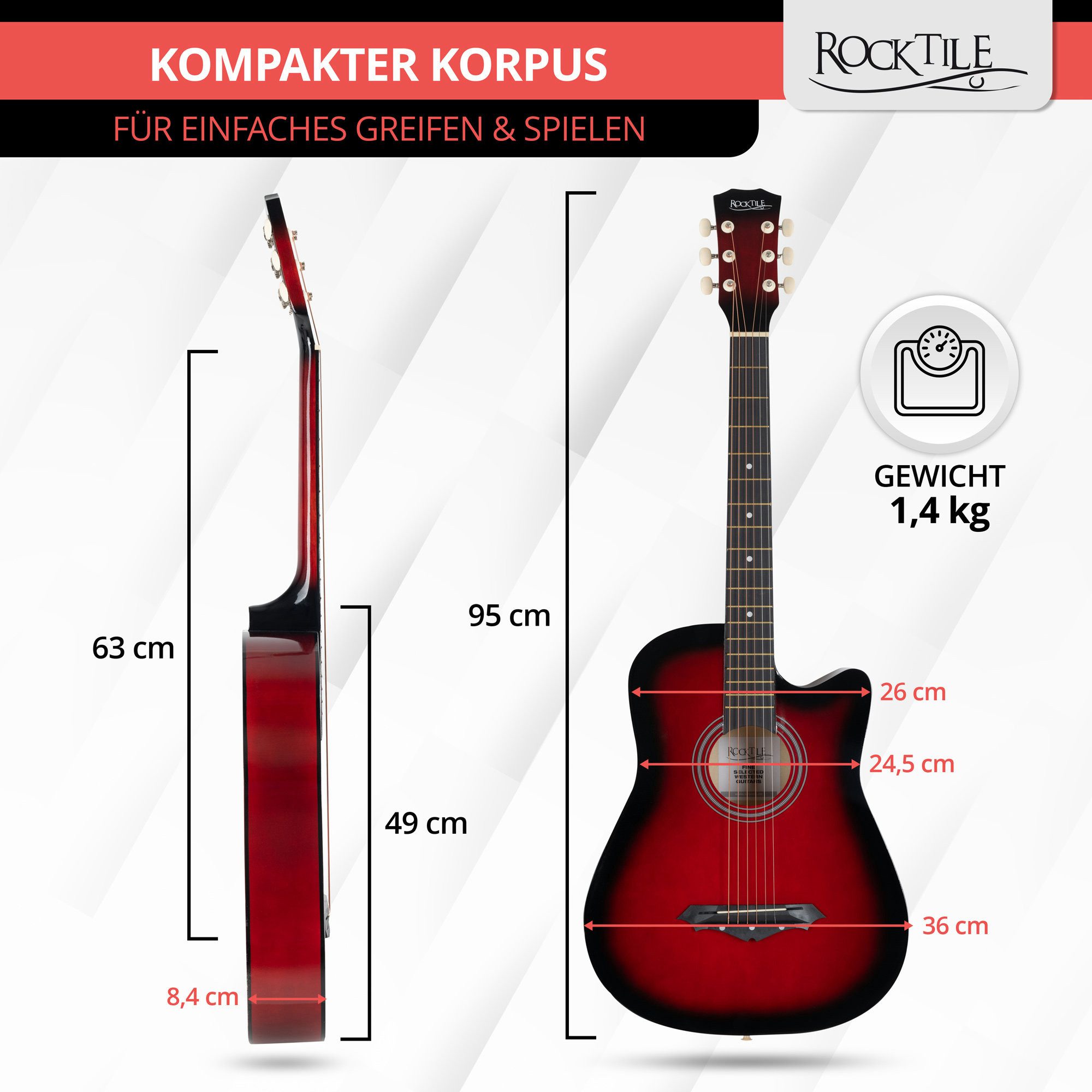 Rocktile Westerngitarre WSD-5C Slim Line Akustikgitarre Set - Dreadnought Akustik Gitarre, Set inkl. Tasche, Ersatzsaiten, Gurt und Plektren