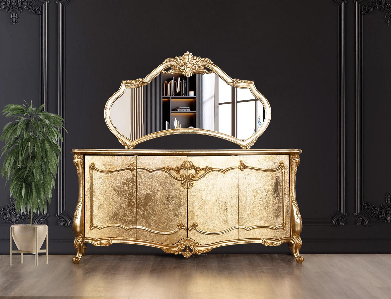 JVmoebel Anrichte Goldene Kommode mit Spiegel - elegante Мебельstück Garnitur (2 St), Made in Europa