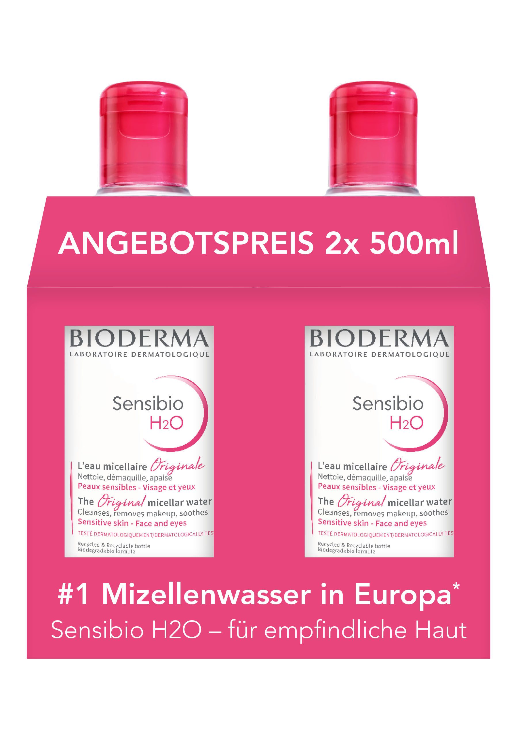 Bioderma Make-up-Entferner Sensibio H2O Mizellenreinigungswasser: 2x500ml zum Angebotspreis, Reinigung, Make-up-Entferner, Gesichtswasser - 3 in 1
