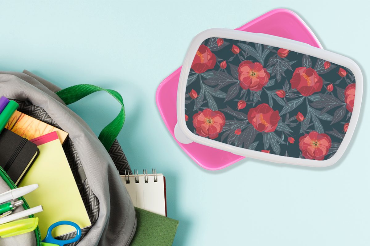 Blätter Kunststoff Erwachsene, Mädchen, Brotdose Snackbox, rosa - Rot Lunchbox MuchoWow Kinder, Kunststoff, - Muster, Brotbox (2-tlg), - für Blumen