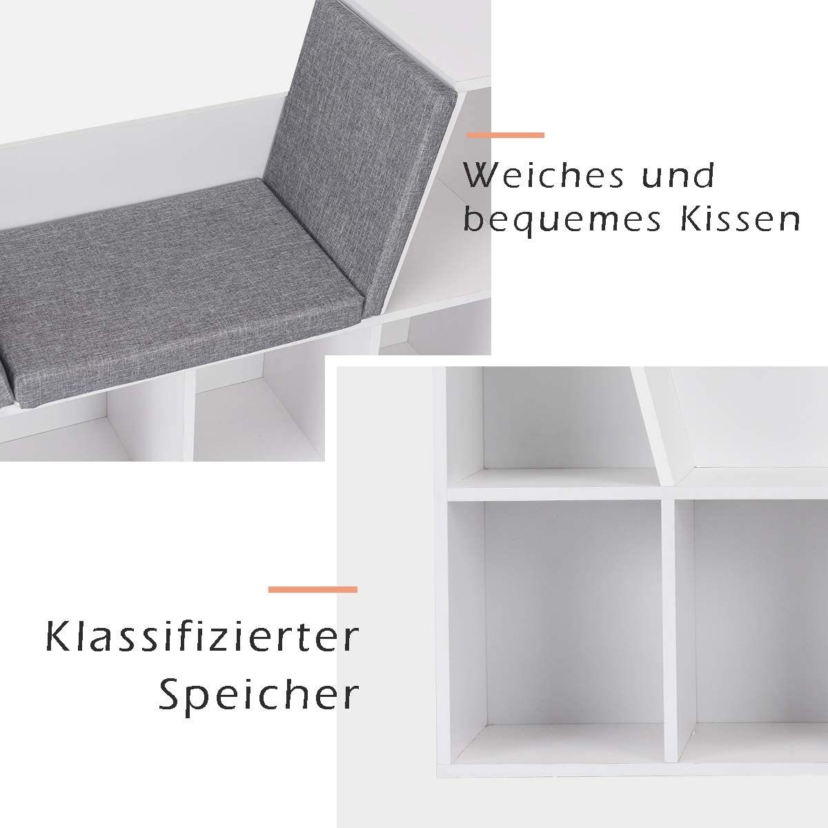 weiß Bücherregal Sitzkissen KOMFOTTEU mit Bücherschrank, aus mit Holz, Sitzbank,