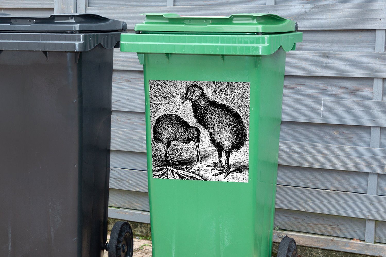 Mülltonne, Wandsticker MuchoWow (1 St), Schwarz-Weiß-Illustration von Kiwi-Vögeln zwei Mülleimer-aufkleber, Container, Abfalbehälter Sticker,