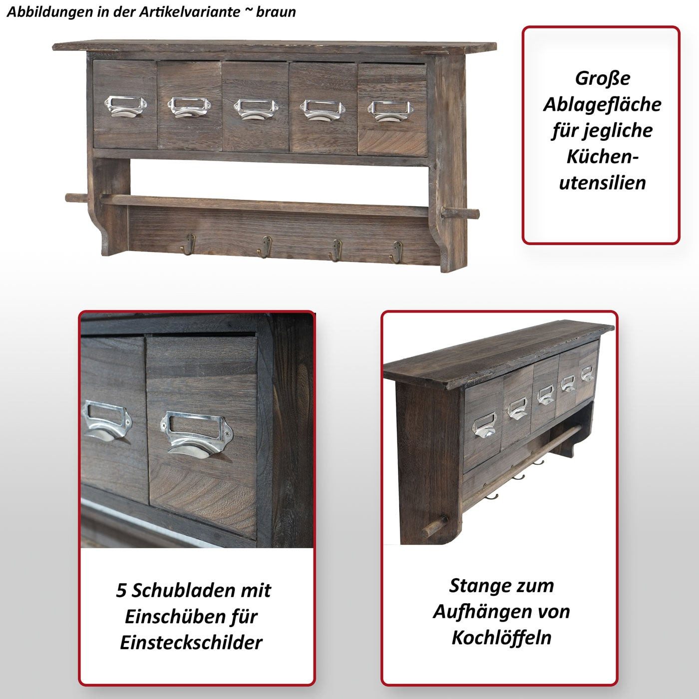 MCW Küchenregal MCW-C49-K, 4 Haken, 5 Schubladen, Stange zum Aufhängen von Kochlöffeln