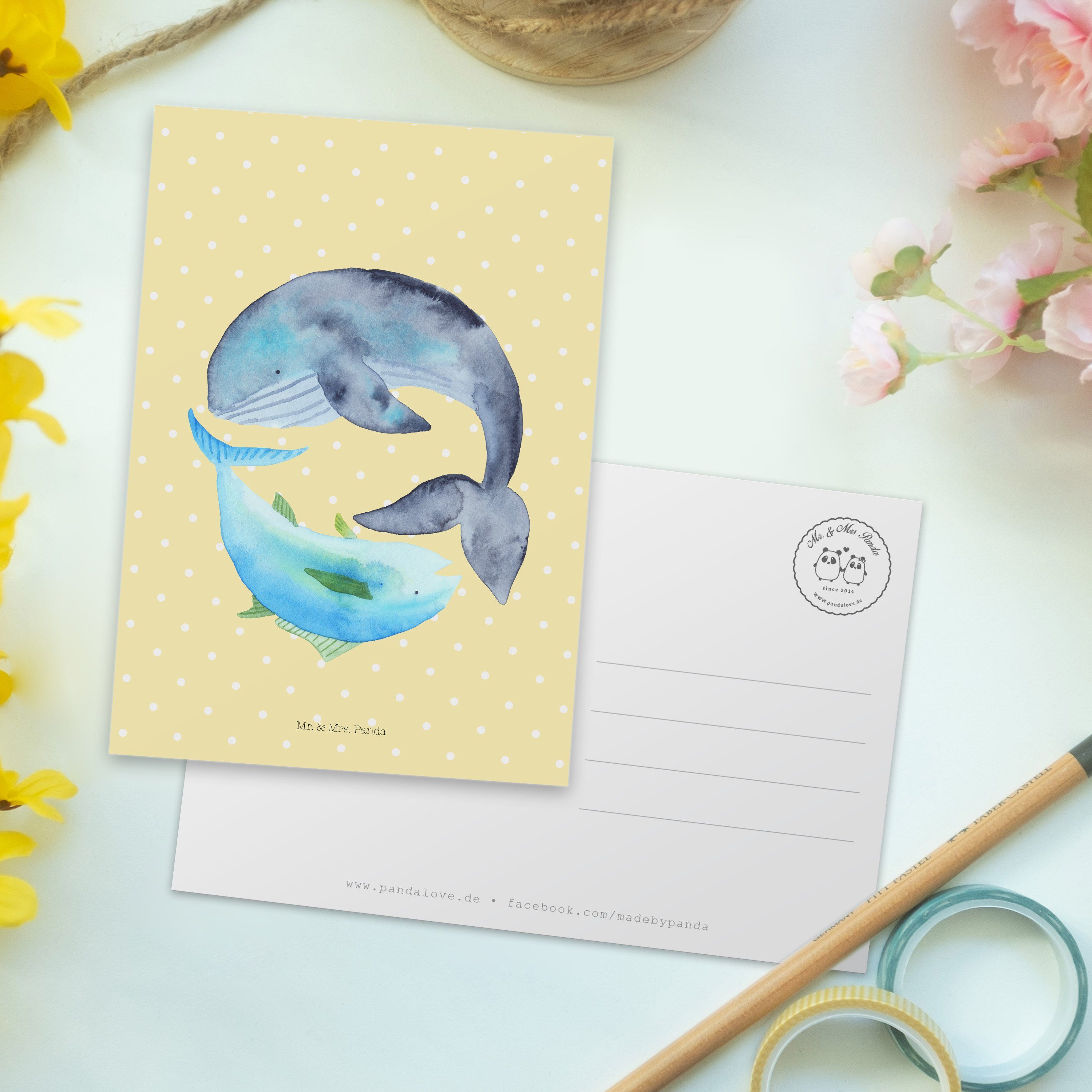 Mr. & Mrs. Walfisch - Pastell Panda Postkarte Gelb Thunfisch - & Geschenk, Spruch Geschenkkarte