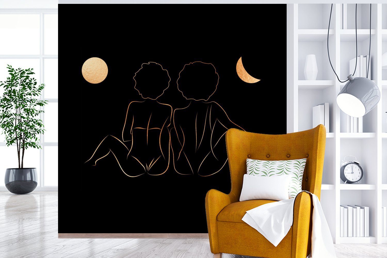 MuchoWow Fototapete Frauen - Mond Matt, bedruckt, Wandtapete Schlafzimmer, für - oder Strichzeichnung, (5 - St), Vinyl Tapete Wohnzimmer Gold