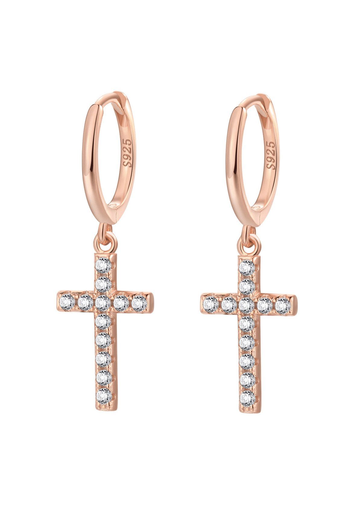 Hey Happiness Paar Creolen Ohrringe Damen Zirkonia Kreuz Anhänger, Vergoldete Creolen Kreuz Silber 925, Geschenk Idee