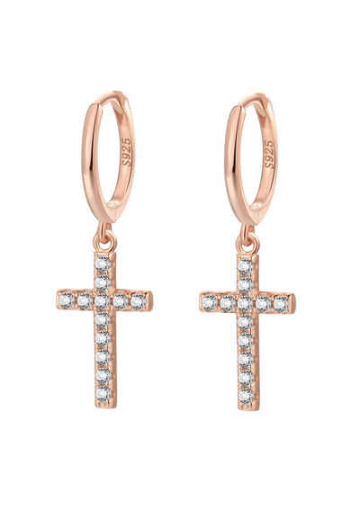 Hey Happiness Paar Creolen Ohrringe Damen Kreuz Anhänger, 18K Roségold vergoldet, Creolen Kreuz Silber 925 Zirkonia hängend, Geschenk Idee