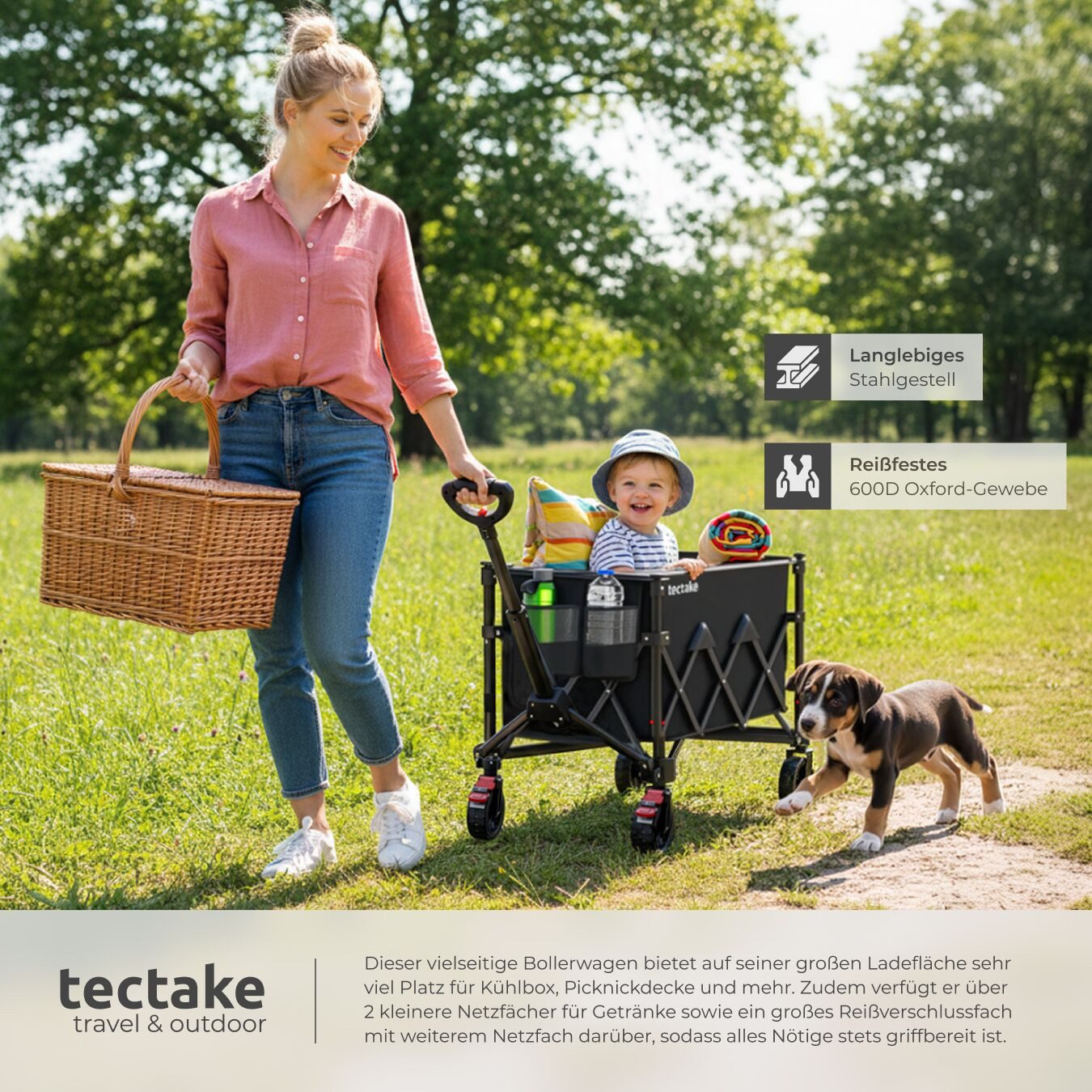 tectake Bollerwagen Handwagen RollRider faltbar, Teleskopgriff, Profilräder (1 Transportwagen, 1-tlg., 150L Volumen in Schwarz mit abnehmbarer Plane aus Oxford- – Bild 4 von 5
