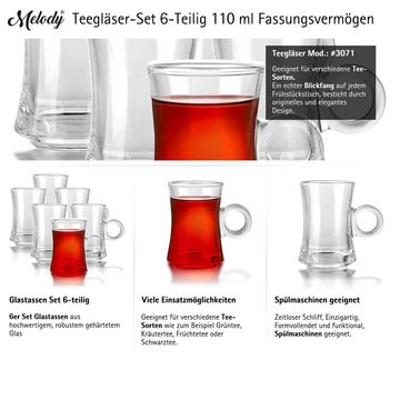 Melody Teeglas Teetassen Glastassen 6er Set mit Griff für 6 Personen spülmaschinenfest Trinkgläser für Tee Schwarztee Cay, 6-teilig