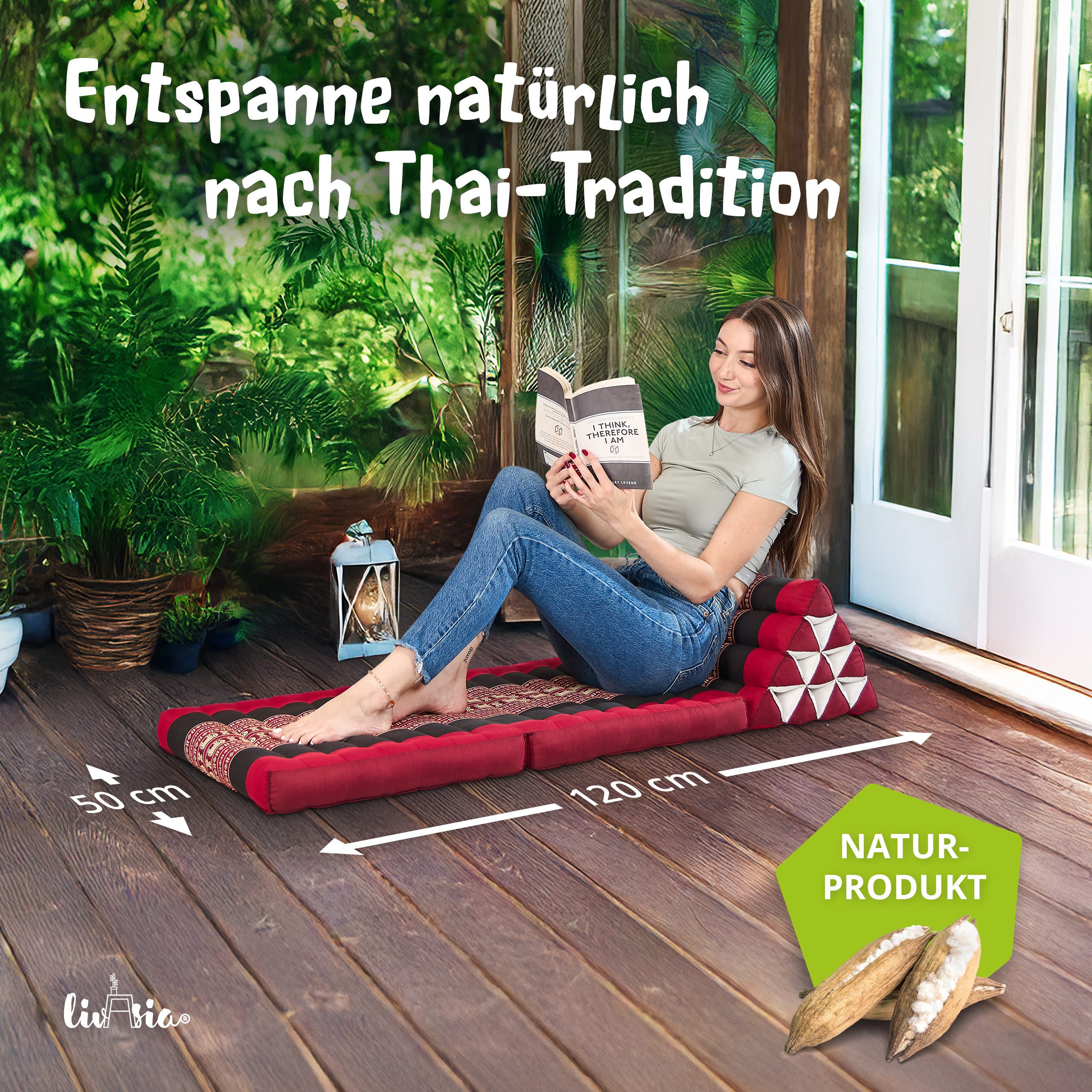 livasia Sitzsack Thaikissen 2 Auflagen, vegan und handgefertigt, 120x50x8cm, Kapok