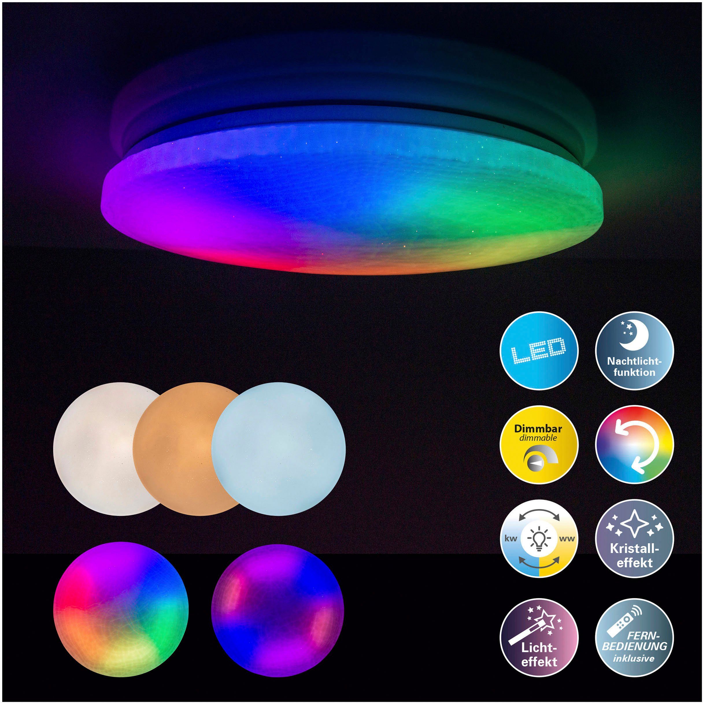 näve LED Deckenleuchte Sligo, CCT Infrarot RGB, - Kristalleffekt, Warmweiß, LED inkl., Farbwechsler, Fernbedienung Farbwechsel, CCT, über Dimmfunktion, Fernbedienung, dimmbar, integriert, Nachtlicht, Fernbedienung, fest Kaltweiß, Neutralweiß, RGB