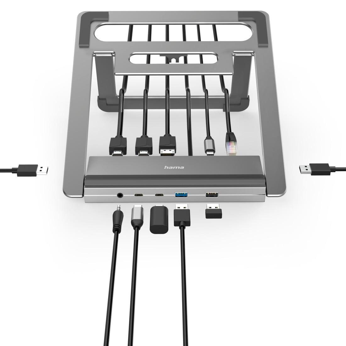 Hama Laptop-Dockingstation USB-C Docking Station, Stand Notebook Halterung 12Ports für Laptop, 4x USB-A, 3x USB-C,2x HDMI, 1x DisplayPort, 1x LAN, 1x 3,5mm Audio Aux