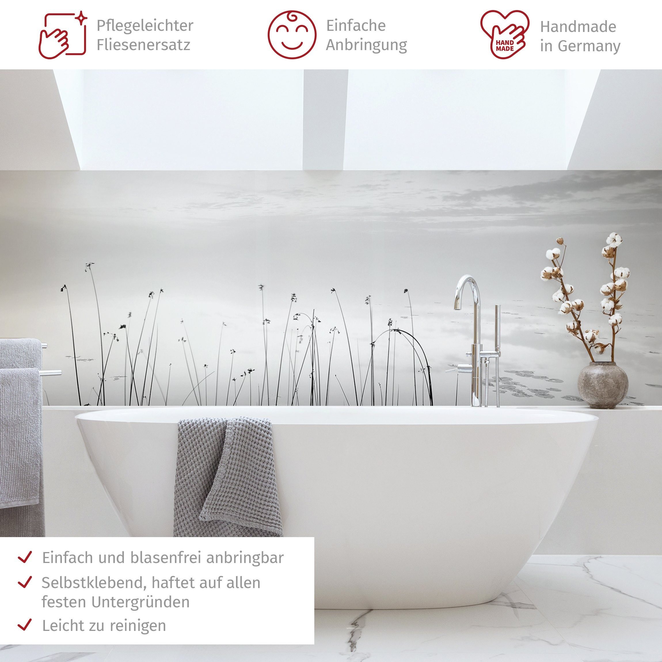 Bilderdepot24 Badrückwand schwarz weiss fugenlose Wandverkleidung Bad mit Motiv, (Hartfolie matt » Selbstklebend SMART 0,35 mm), wasserfestes Wandpaneel Idylle See