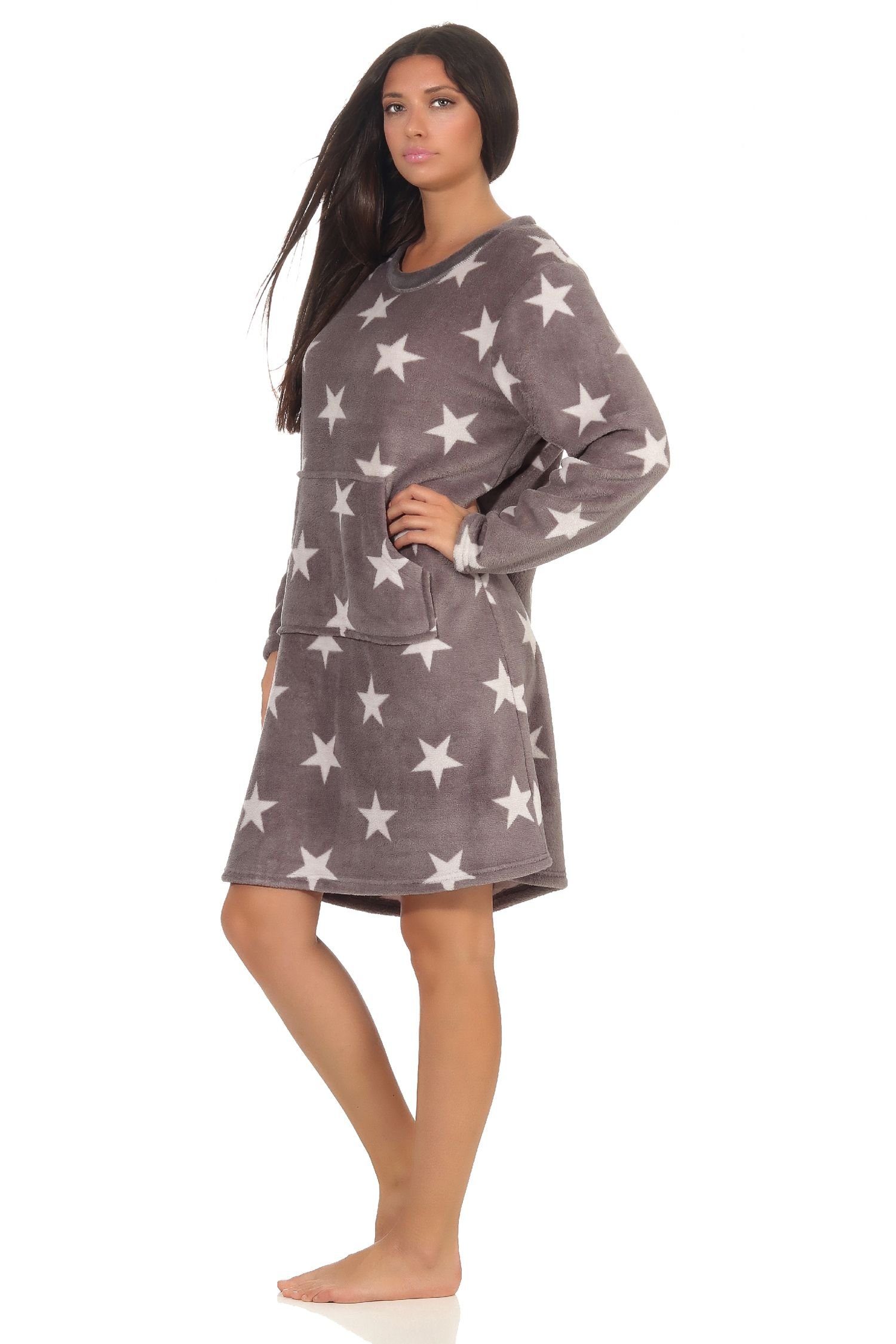 Fleece Optik aus Nachthemd grau Coral Hauskleid in Sterne Damen kuschel Nachthemd Normann