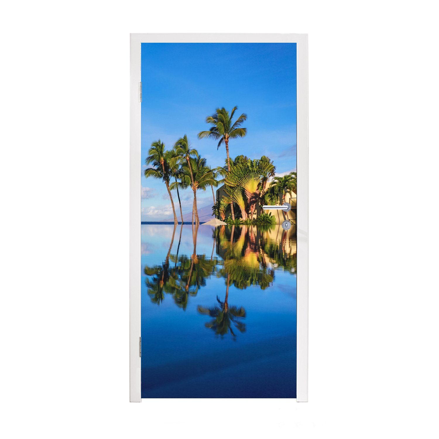 in Hawaii Türtapete bedruckt, spiegeln Am sich (1 cm Tür, im MuchoWow Türaufkleber, Fototapete Beach für Wasser, die St), Palmen 75x205 Matt, Wailea