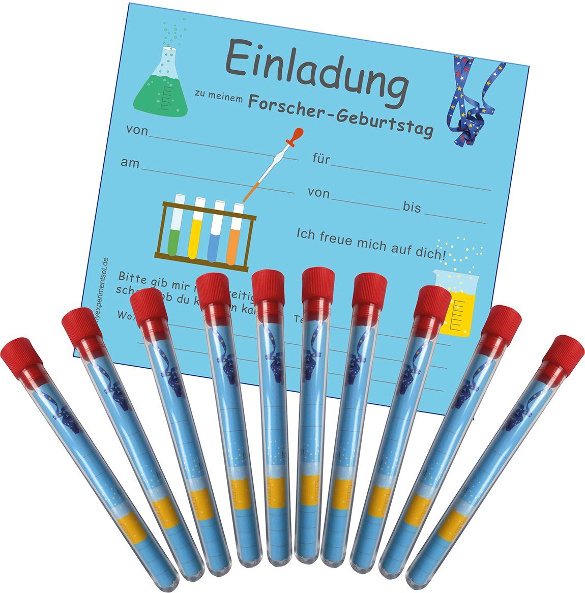 myExperimentSet Einladungskarten im Reagenzglas für Forscher-Kindergeburtstage, 10 Stück, Die perfekte Einladung für eine gelungene Forscherparty