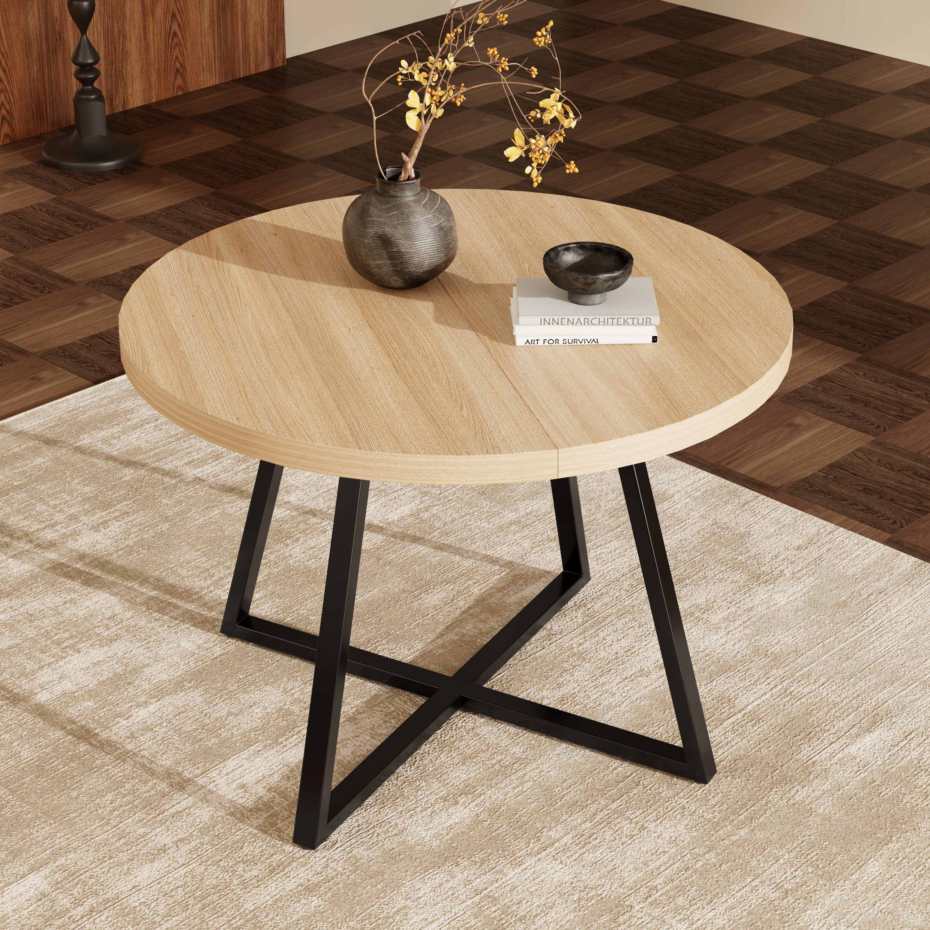 Flieks Esstisch ausziehbarer Küchentisch rund/oval (Länge 100-140x100x75 cm, Höhe Tischplatte 3cm, 1-St., 1 Tisch), erweiterbarer Tisch Holzoptik Schreibtisch Eichenfarbe, Metallgestell