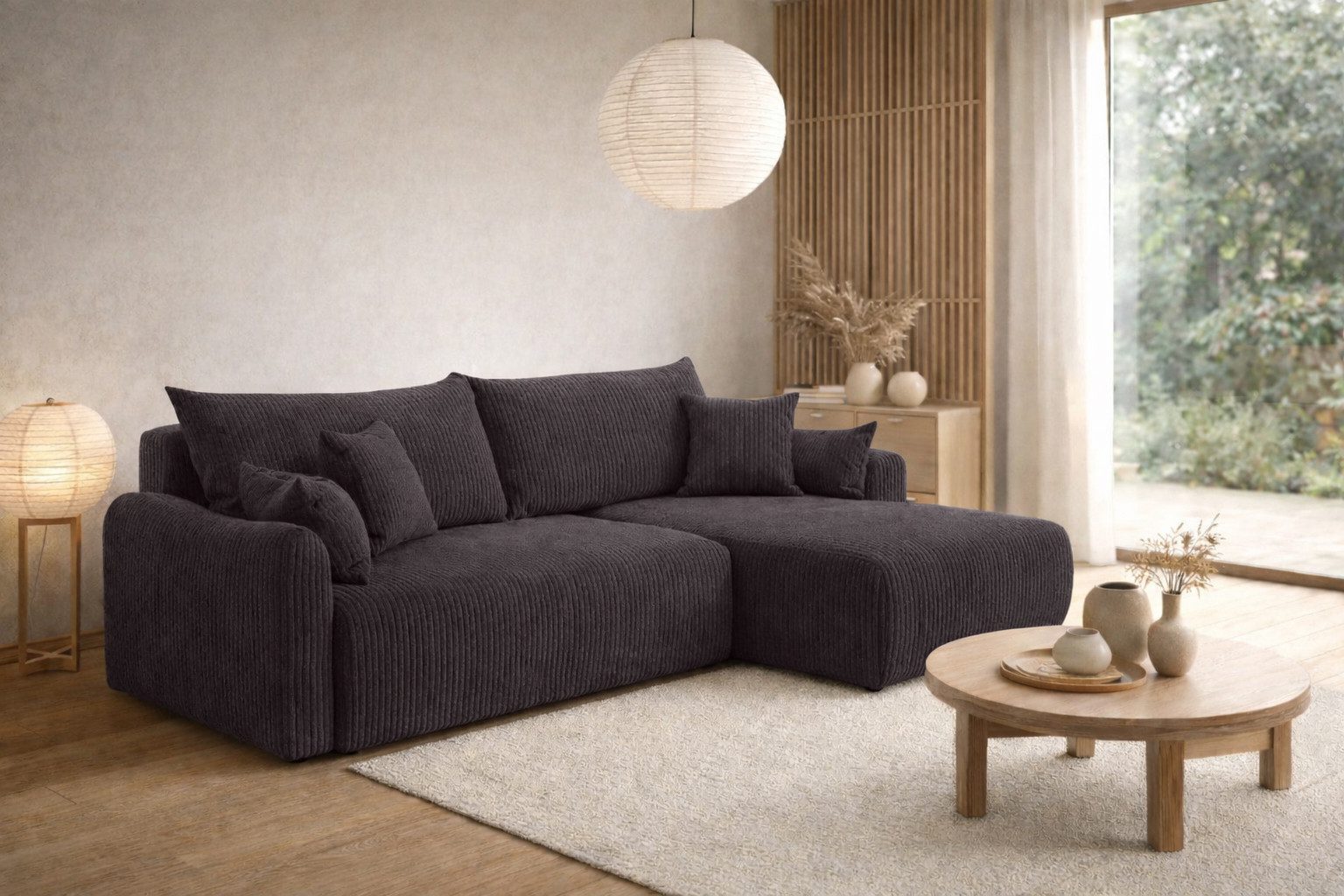 Kaiser Möbel Ecksofa mit Schlaffunktion für Wohnzimmer, Cordstoff Poso, JAPANDI, Japandi-Stil, Abgerundete Form, Große Liegefläche