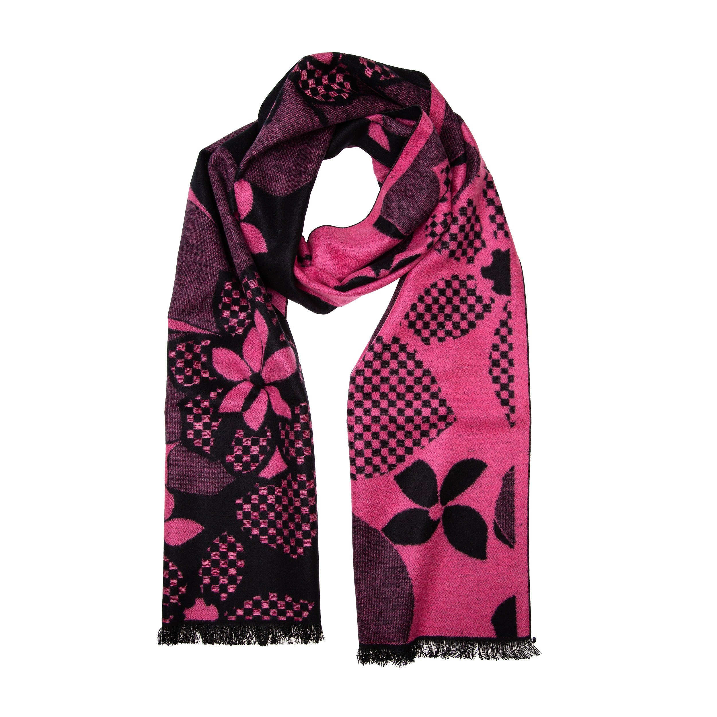 TINITEX Seidenschal Eleganter Winterschal Seidenflanell Blumen schwarz pink