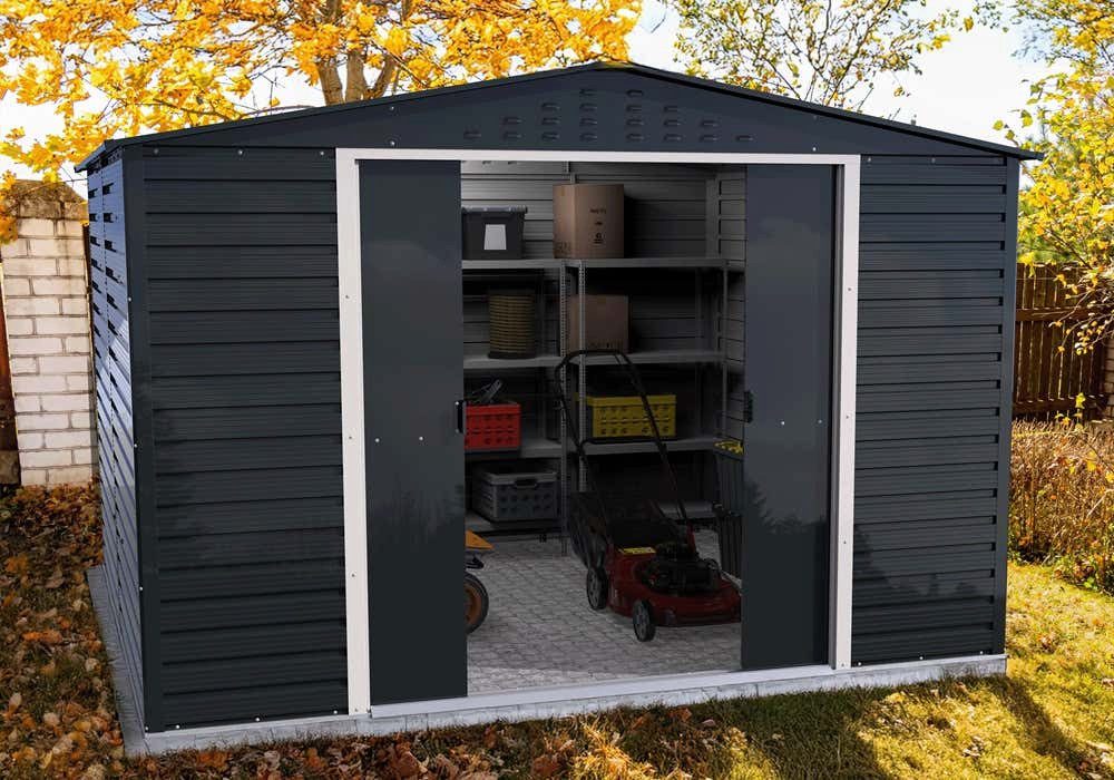 DURAMAX Gerätehaus DURAMAX Metall-Alpine 3x3m, BxT: 321,6x303,1 cm, in Anthrazit mit 0,31mm Wandstärke