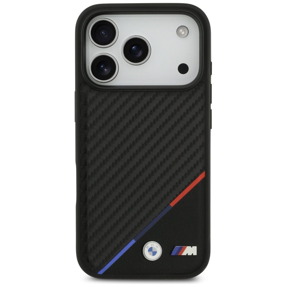 BMW Handyhülle MagSafe iPhone 17 Pro Carbon-Look Tricolor schwarz Logo Metall 6,3 Zoll, Kantenschutz