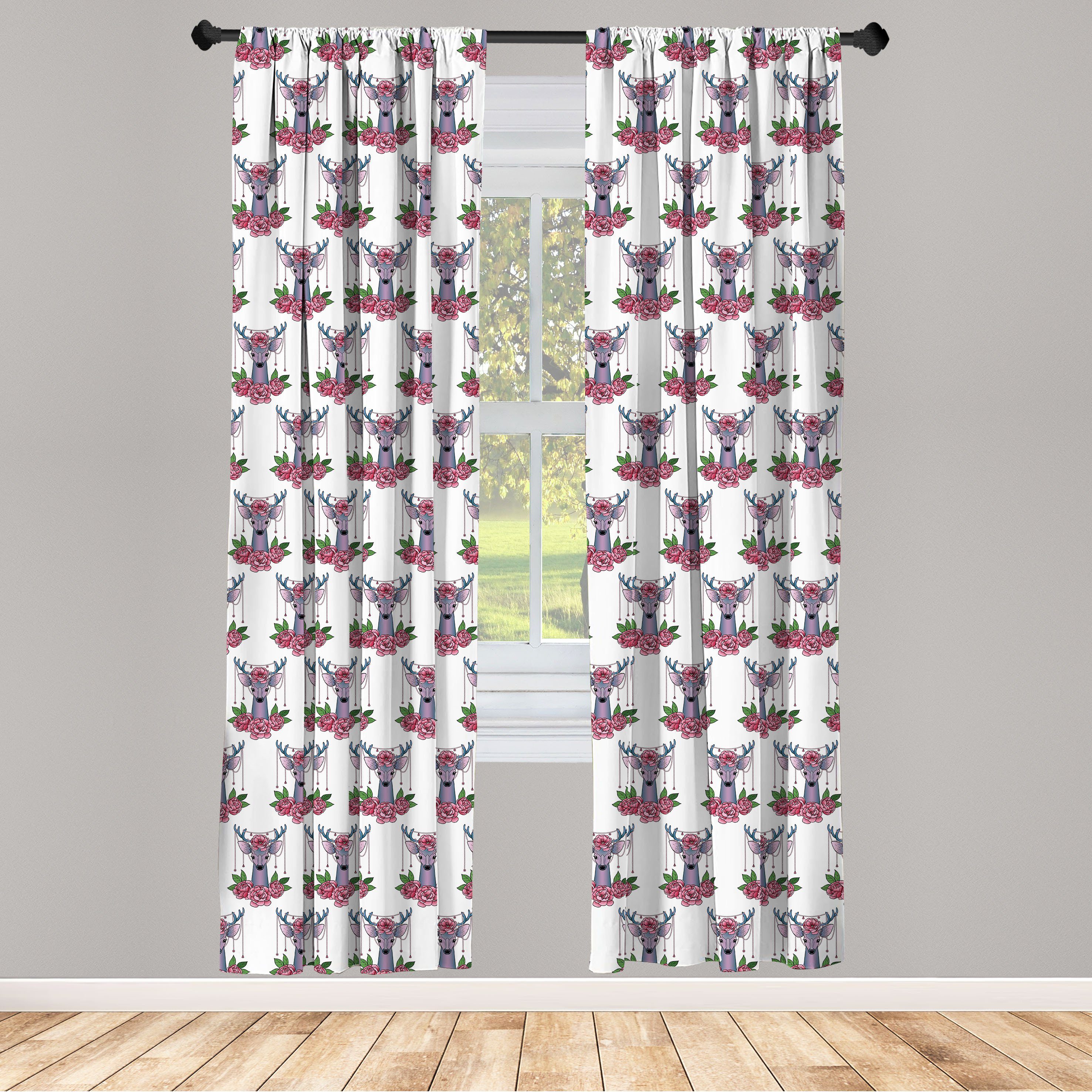 Gardine Vorhang für Wohnzimmer Schlafzimmer Tätowieren Zubehör Abakuhaus, Dekor, Deer Pfingstrosen Microfaser