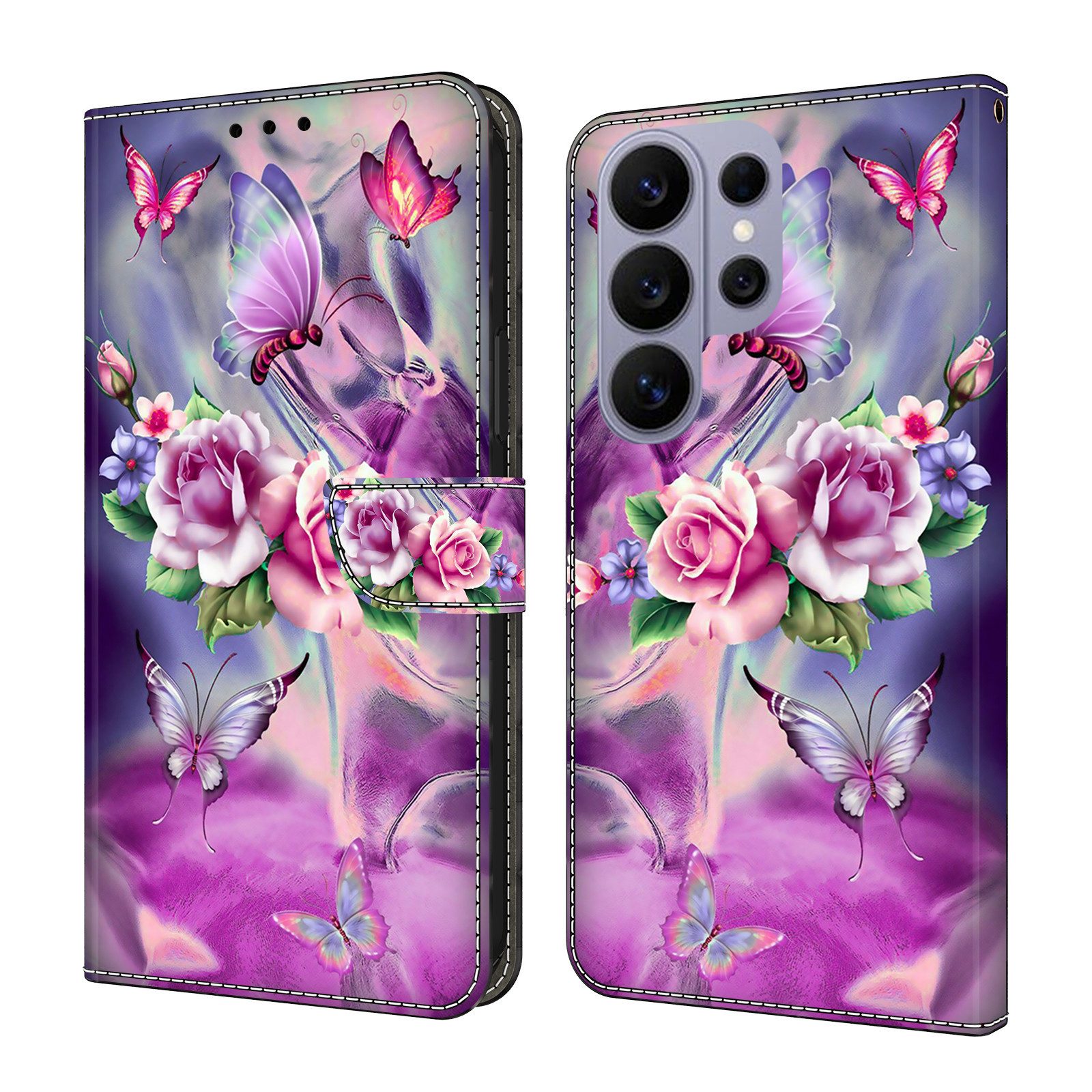 CLM-Tech Handytasche für Samsung Galaxy S26 Ultra Klapphülle aus PU-Leder (lila Blumen Schmetterlinge, 1-tlg., Flip Case), Magnetverschluss, Standfunktion und Kartenfächer