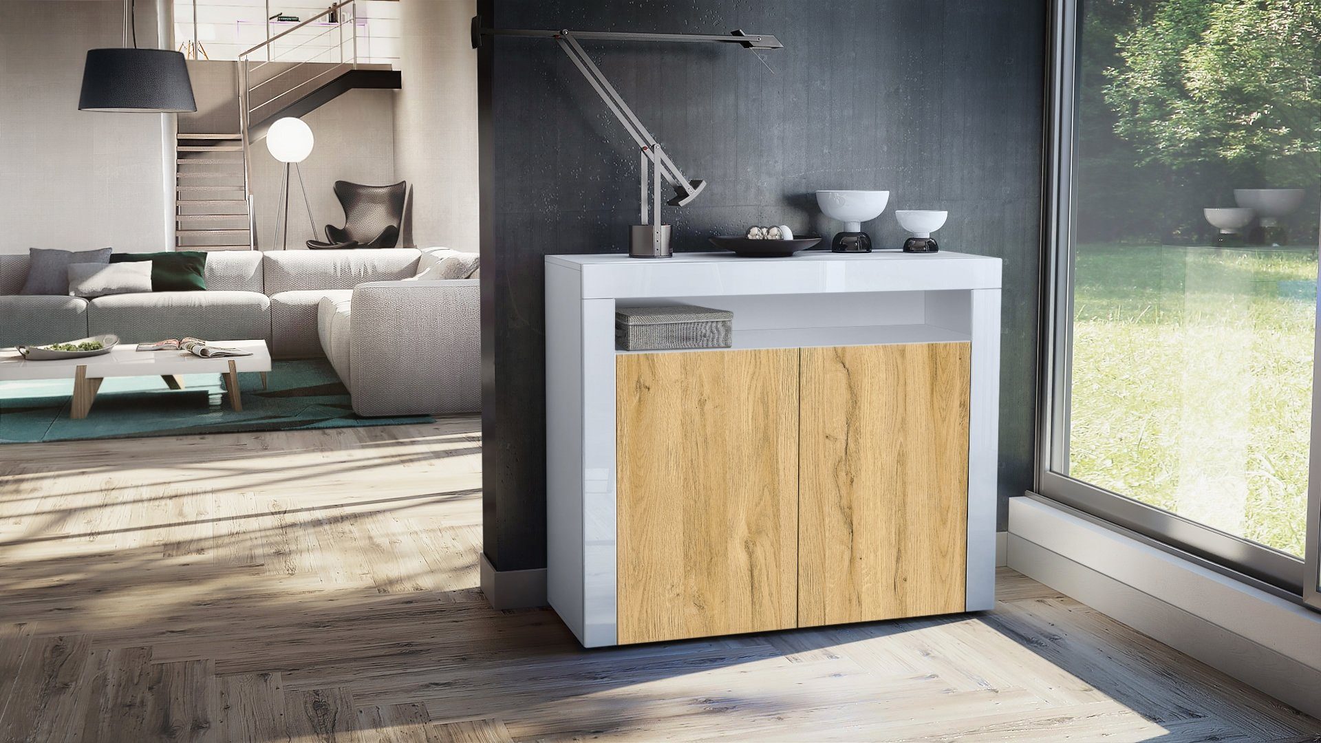 Vladon Kommode Valencia (Sideboard, mit 2 Türen und 1 offenem Fach), Weiß matt/Eiche Natur/Weiß Hochglanz (108 x 92 x 40 cm)